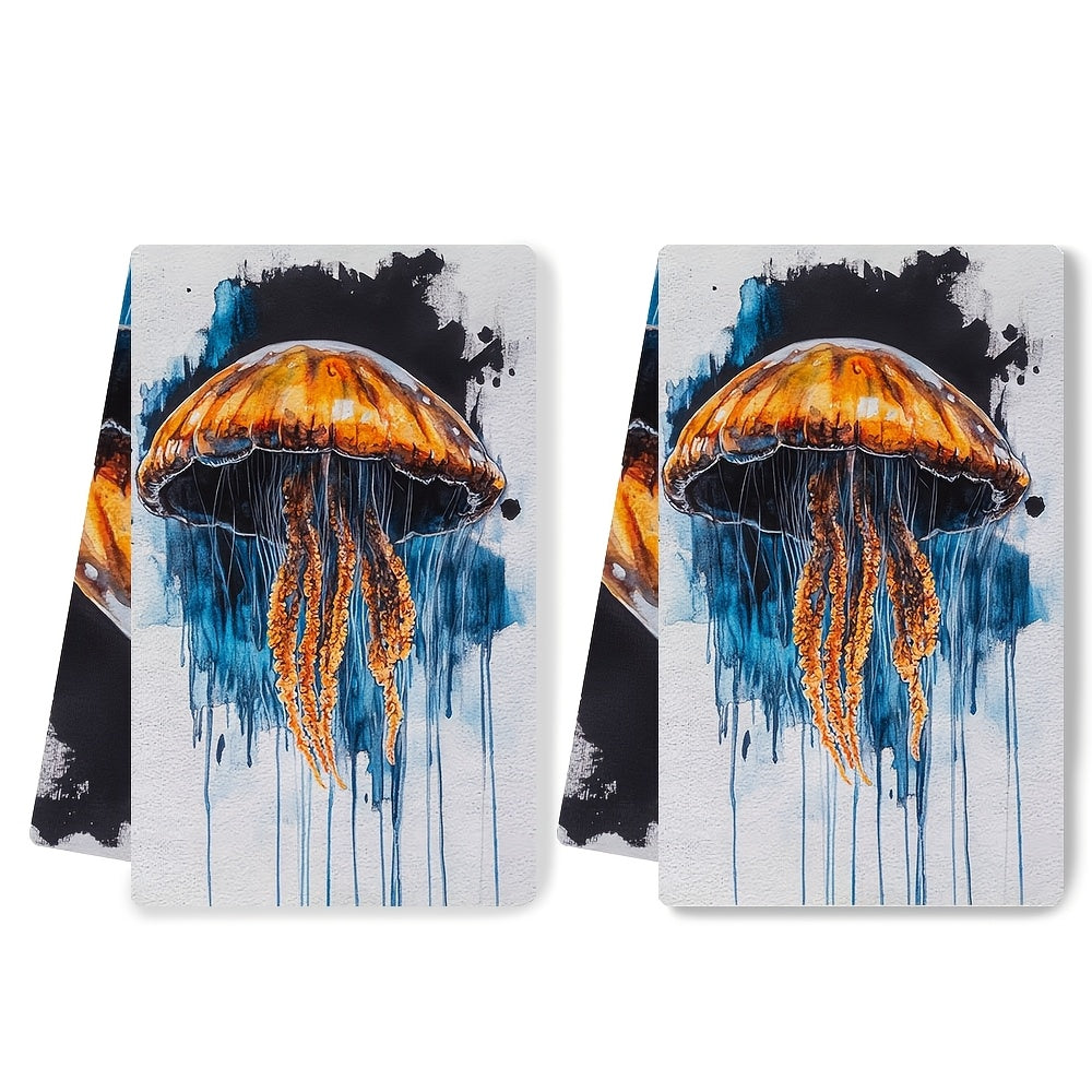 Coastal Jellyfish Kitchen Towels Set 2 Pieces, Absorbent Polyester, 16x24 Inches
