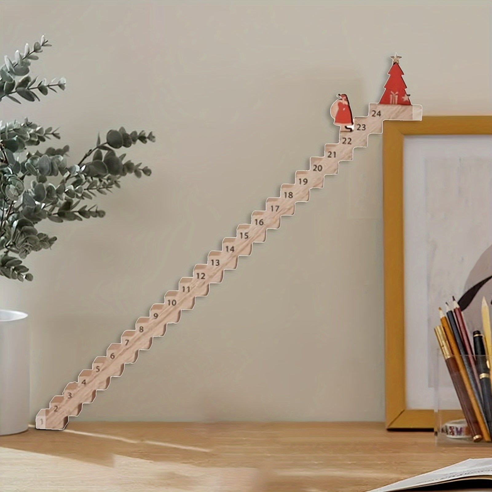 Wooden Christmas Advent Calendar with Santa, Stairs, Numbered Slots and Figurines