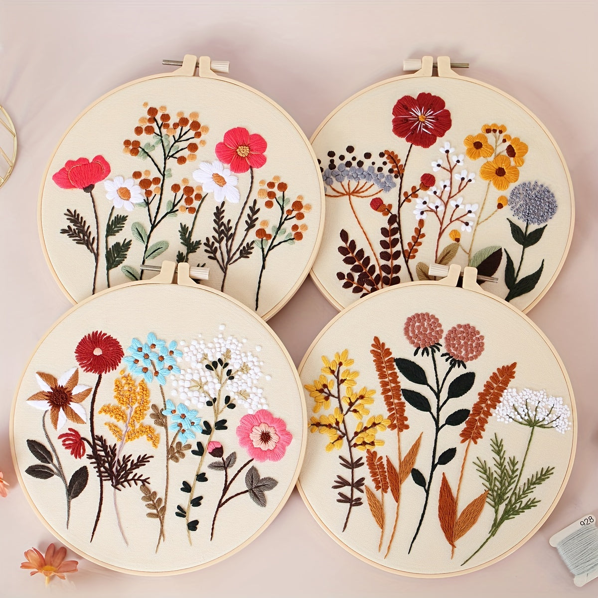 4-Piece Embroidery Kit with Floral Pattern, Hoops, Floss, Needles and 3-Pack Cross Stitch Kit for Beginners