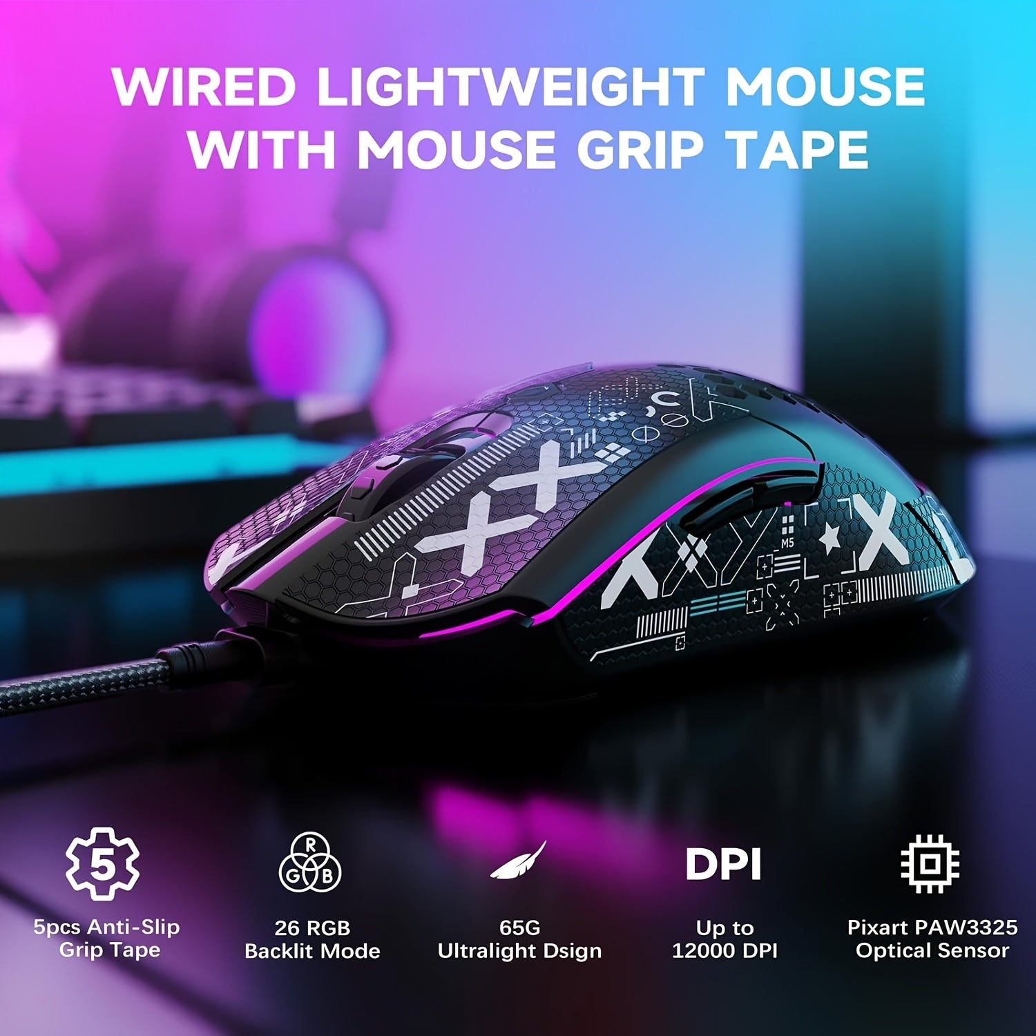 Gaming Mouse with 65G Lightweight Honeycomb Shell 26 RGB Backlighting Optical Sensor