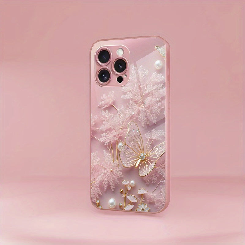 Pink Butterfly Pattern Tempered Glass Phone Case for iPhone 11 12 13 14 15 16 Series XR XS X 7 8 Plus