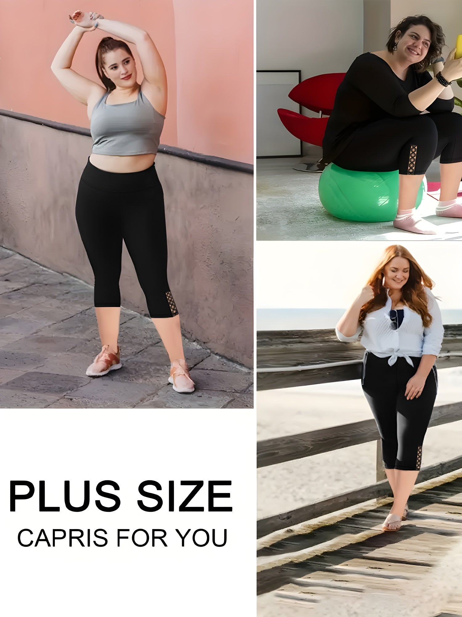 Women's Plus Size High-Waist Capri Leggings with Lace, Stretchy, Solid Color