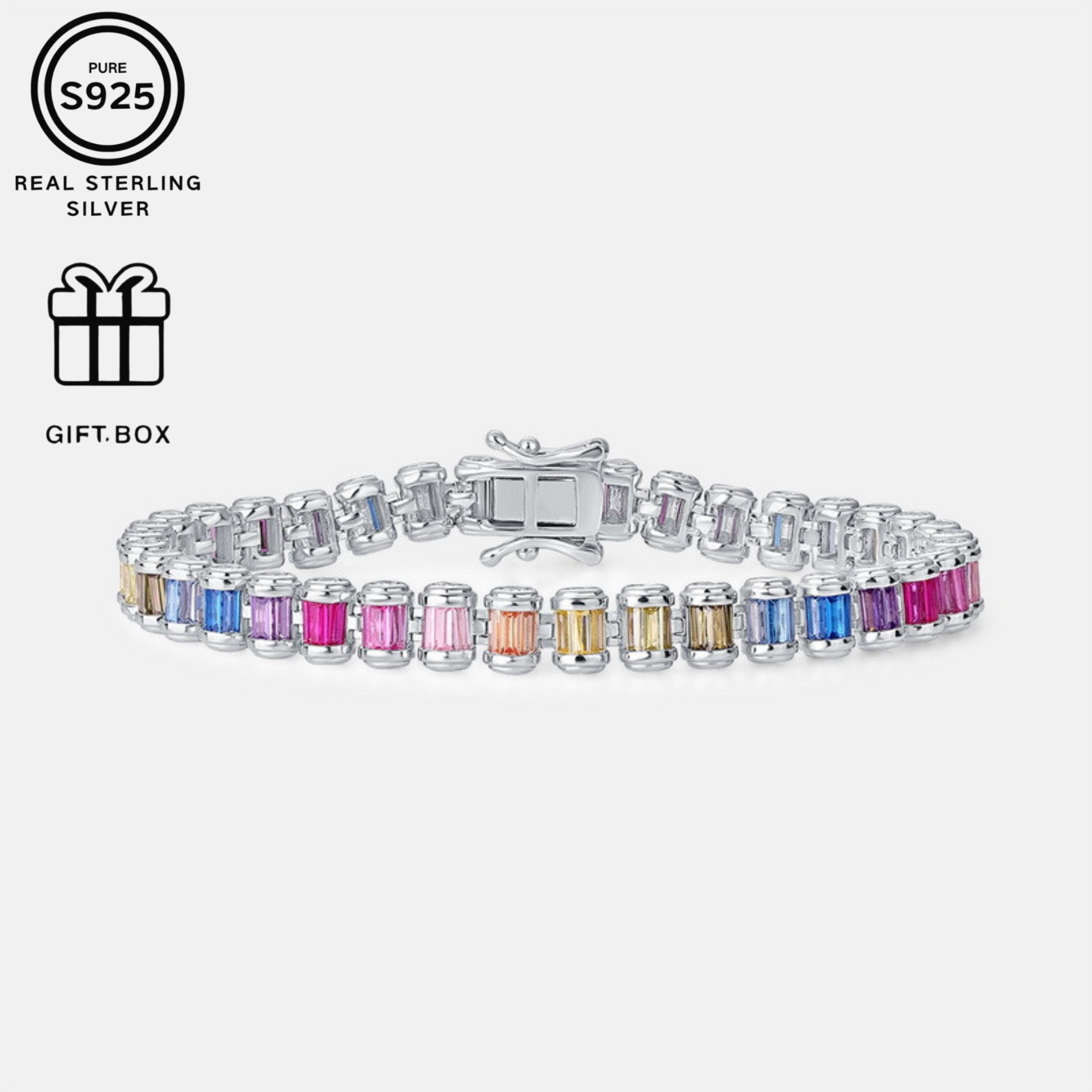 Sterling Silver Link Chain Necklace with Colored Cubic Zirconia for Daily Wear