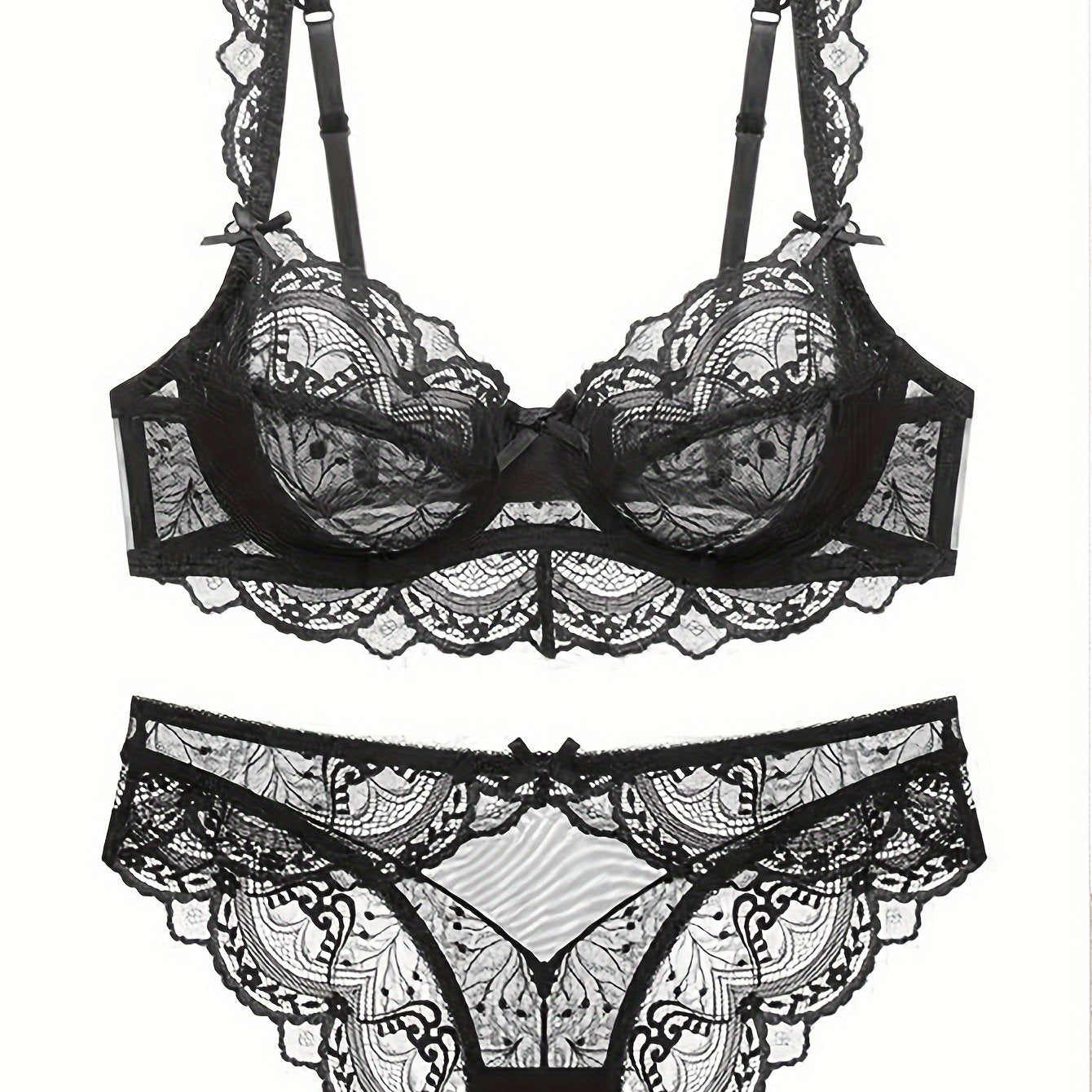 Plus Size Lace Lingerie Set with Bow and Spaghetti Strap Solid Color High Stretch