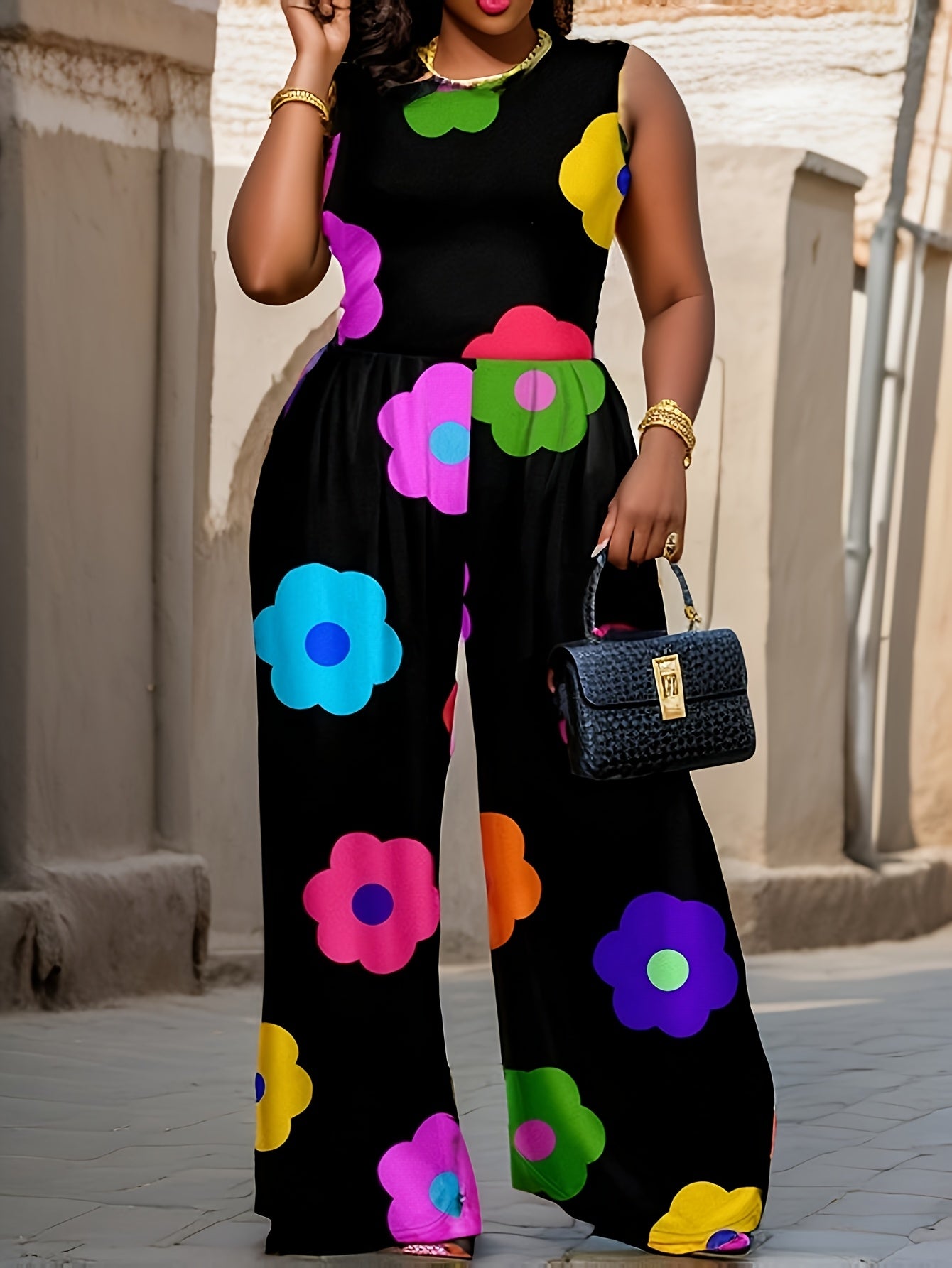 Plus Size Women's Sleeveless Floral Print Jumpsuit Black Summer Casual Easycare