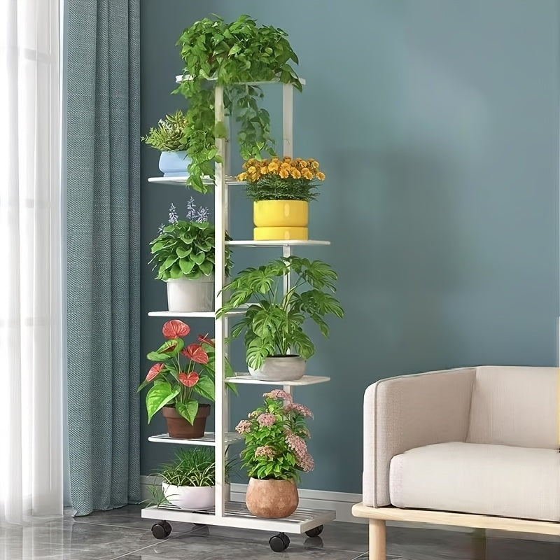 3-Tier Metal Plant Stand with Wheels White and Black Indoor Outdoor Flower Rack