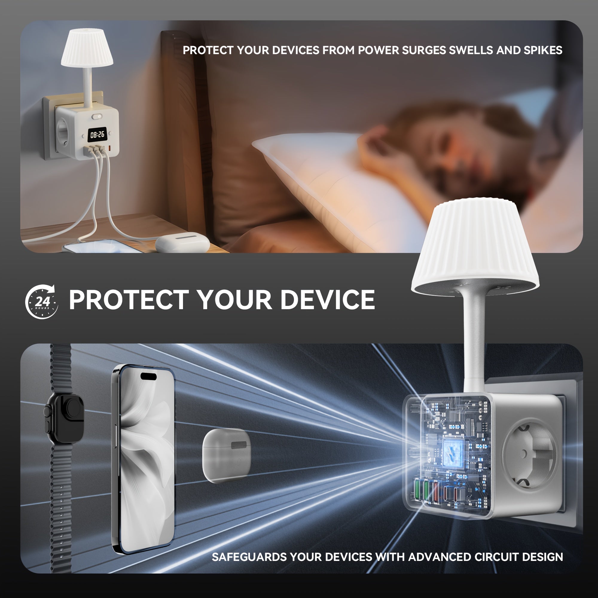 Multi-Functional Desk Lamp with Clock Surge Protector USB Outlets Adjustable Brightness Black or White