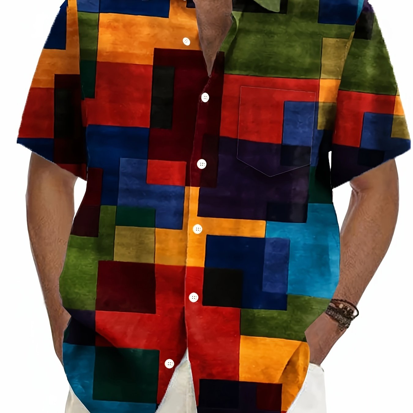 Men's Plus Size Short Sleeve Button-Up Shirt with Geometric Print Polyester Summer