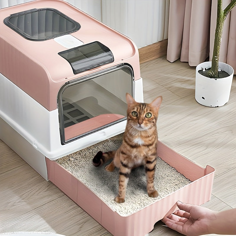 XL Green Cat Litter Box with Easy-Clean Drawer and Scoop Durable Polypropylene