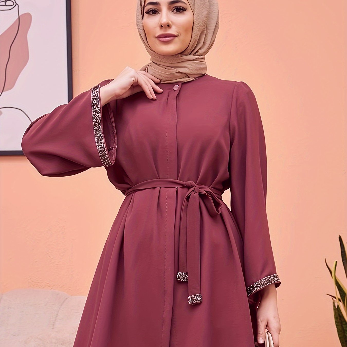 Top midi de mujer con pedrería, manga larga, de poliéster sólido, con cinturón, estilo del Medio Oriente