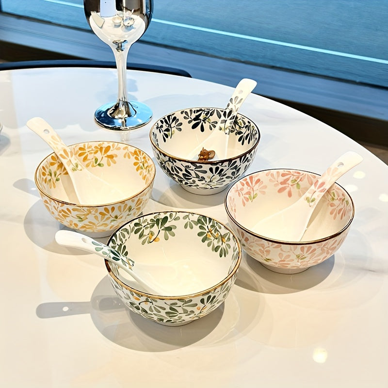 Set of 4 Ceramic Bowls with Floral Patterns, Dishwasher Safe, Oven and Microwave Safe