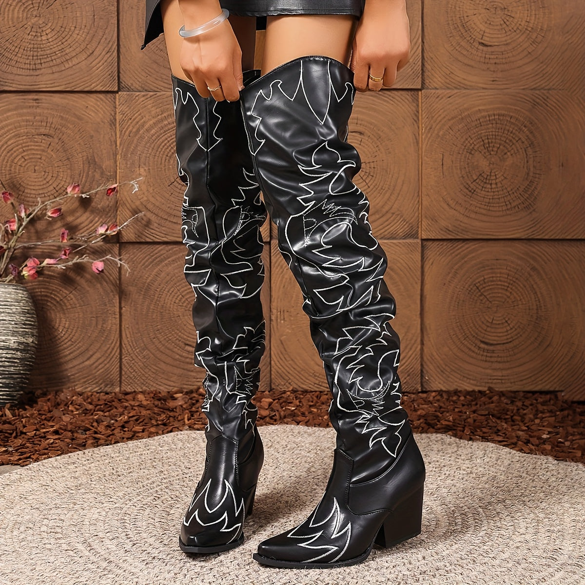 Women's Over-the-Knee Embroidered Faux Leather Boots with Chunky Heel