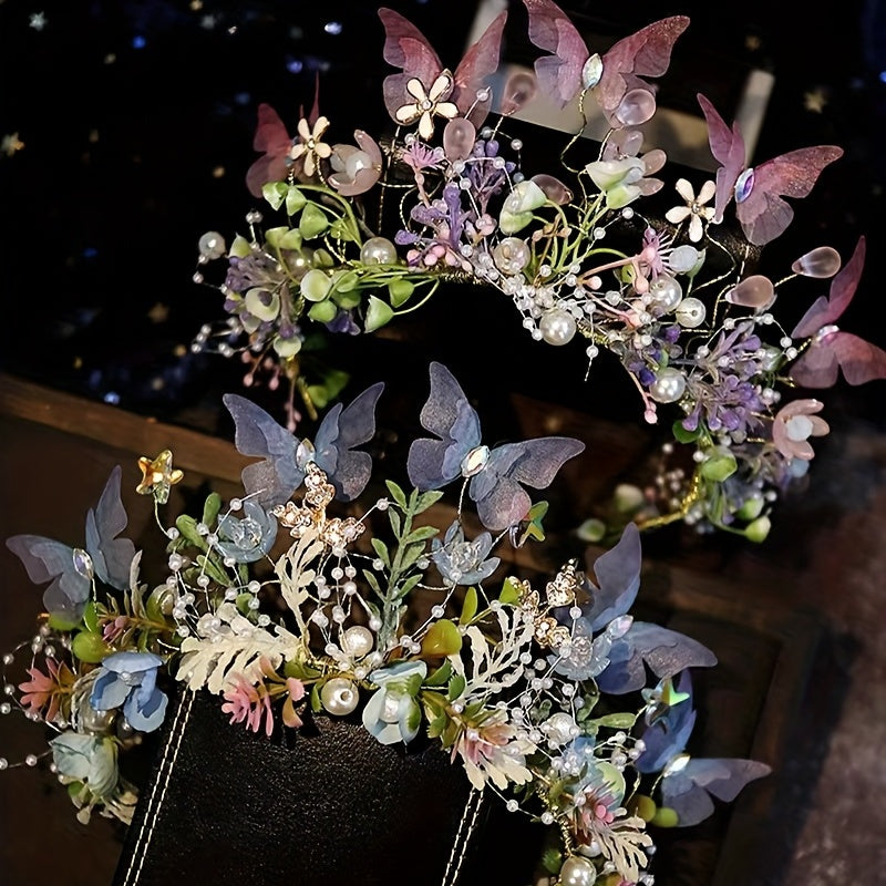 Women's Flower Headband Hair Accessories with Butterfly Decor Faux Pearl Wreath Design