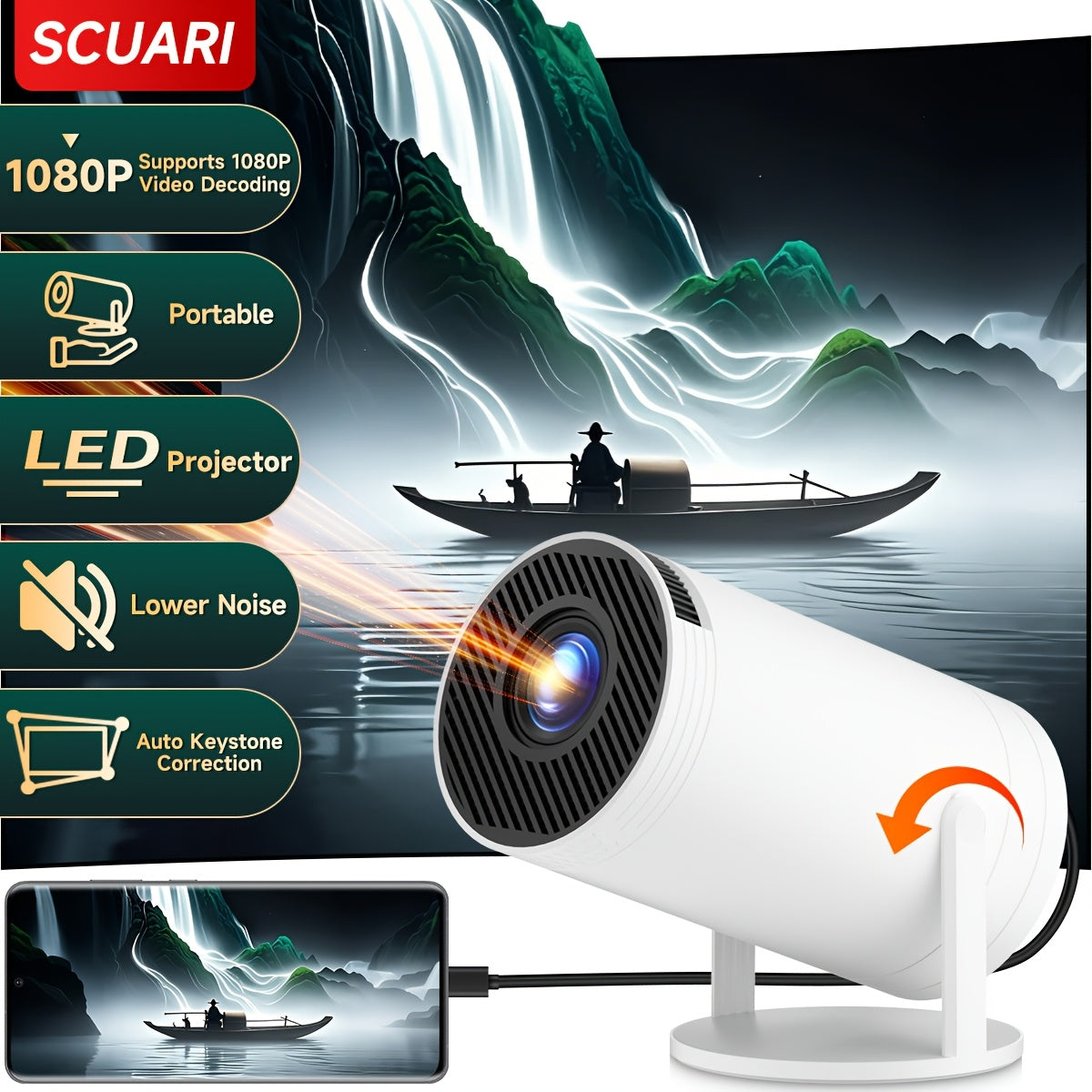 Mini Portable LED Projector for Home and Office 1080P Support