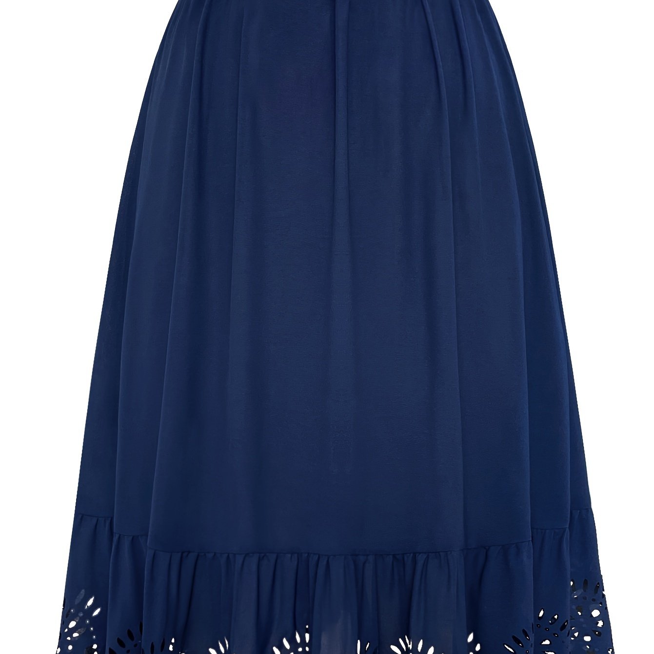 Plus-size ayollar uchun zamonaviy ko'k midi yubka, dantel bezaklari, qirralari qiyshiq va oqimli silueti bilan. Yoz uchun mukammal, mashinada yuviladigan polyesterdan tayyorlangan.