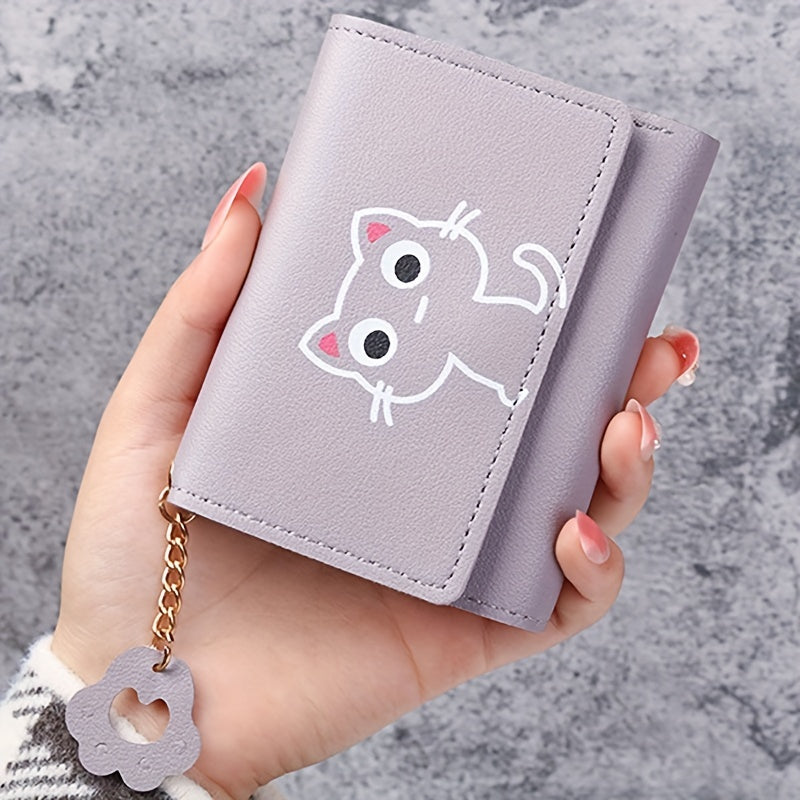 Girls' Faux Leather Pink Cat Tri-Fold Wallet with Keychain Stain-Resistant Lightweight Compact Coin Purse