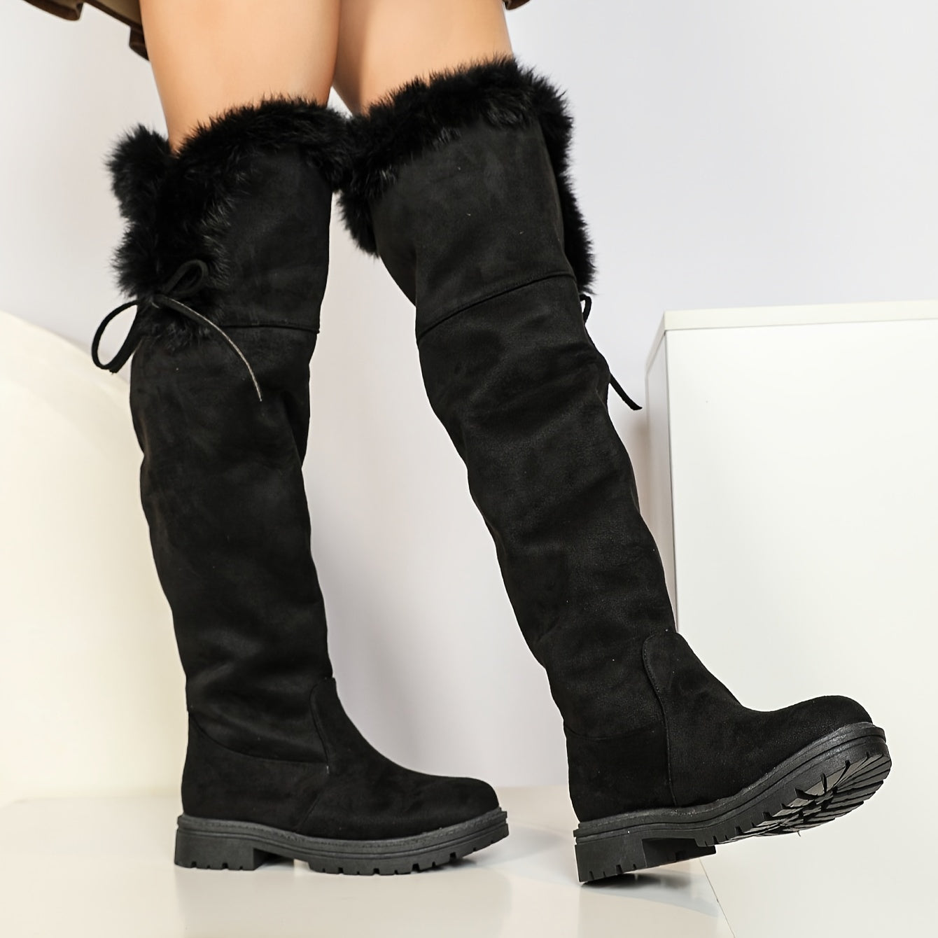 Women's Winter Boots Black Platform Heels Knee-High Slip-On Non-Slip Rubber Sole