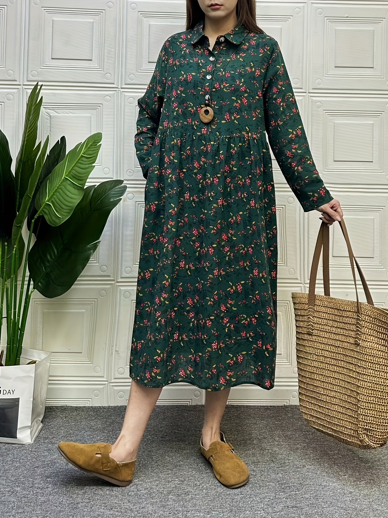 Women's Linen Dress with Floral Pattern, Long Sleeve, Lapel Collar, Beach Vacation Style