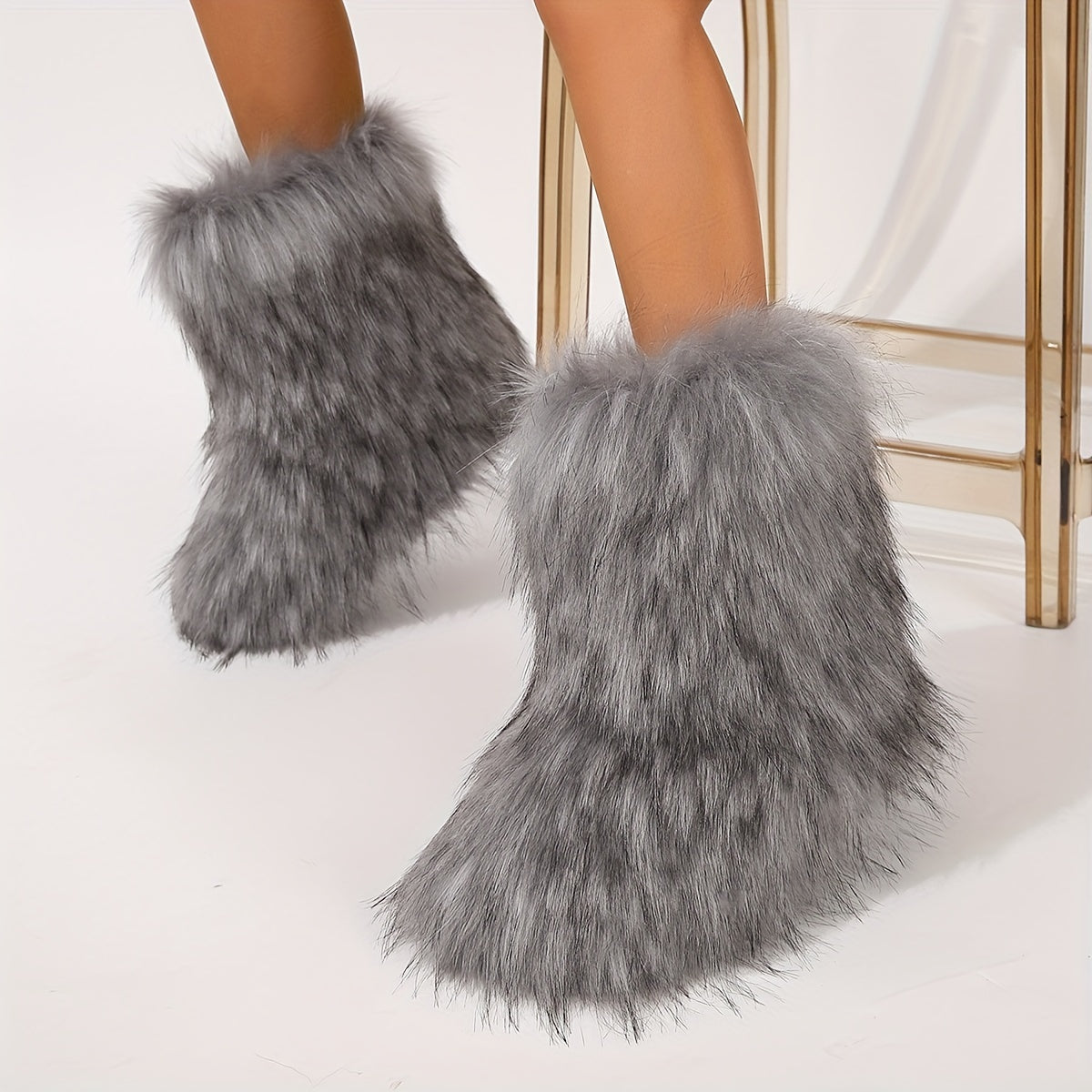 Женские зимние ботинки-слипы из искусственного меха до середины икры, с противоскользящей подошвой