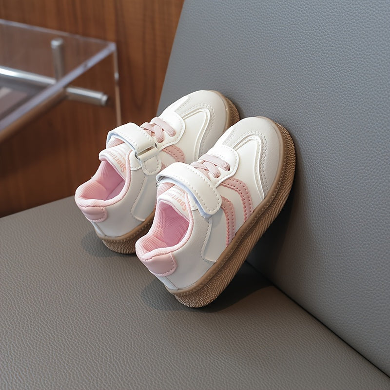 Kids Breathable Sneakers with Hook-and-Loop Closure, Soft Beige and White Soles for Casual Outdoor Wear