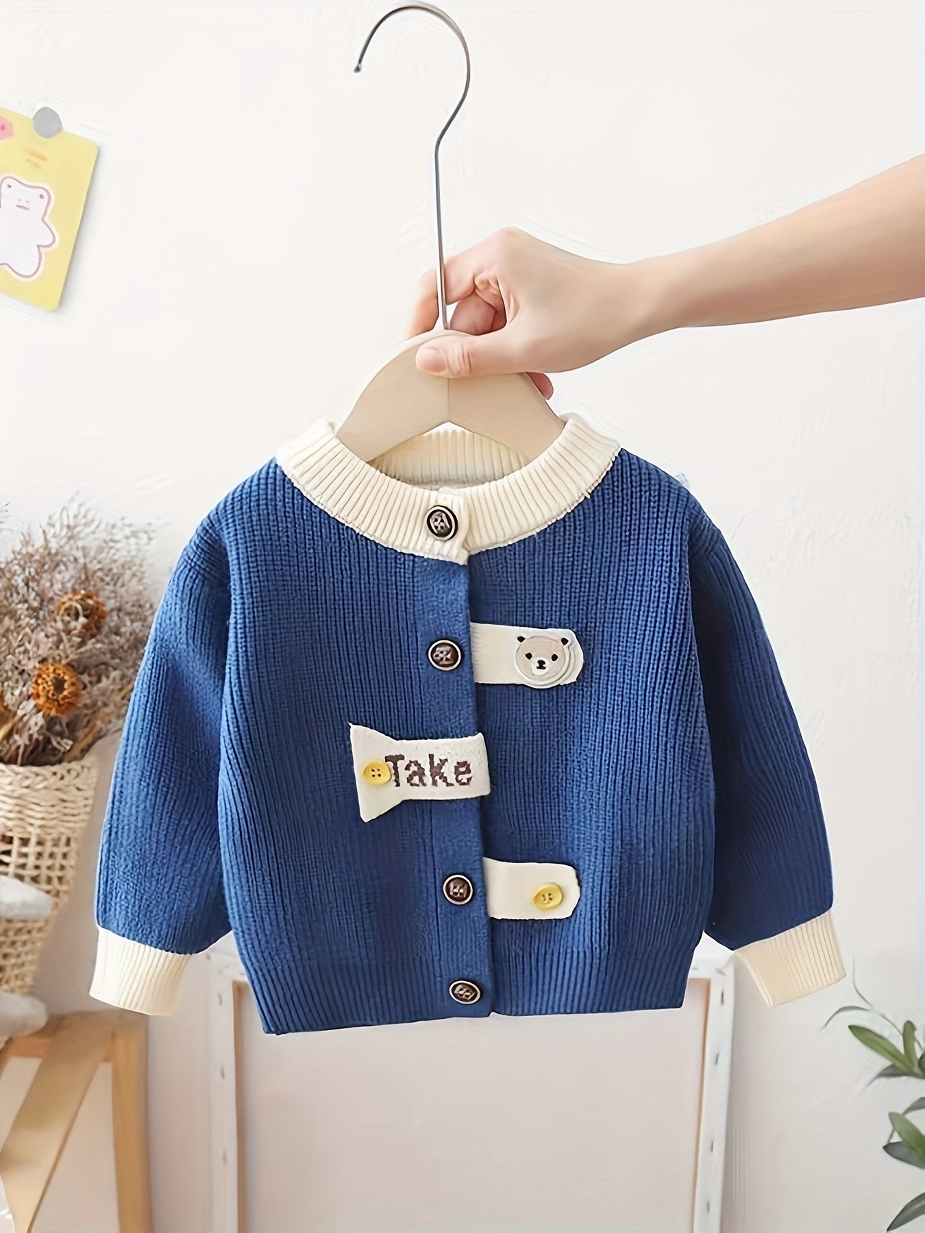 Boys' Mustard Yellow Knit Cardigan with Bear Patch Long Sleeve Fall Winter Kids' Sweater