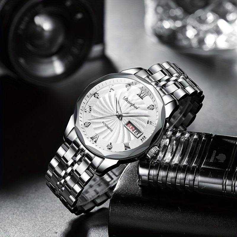 Men's Automatic Mechanical Watch Luminous Hands Gold Stainless Steel Waterproof Date Display