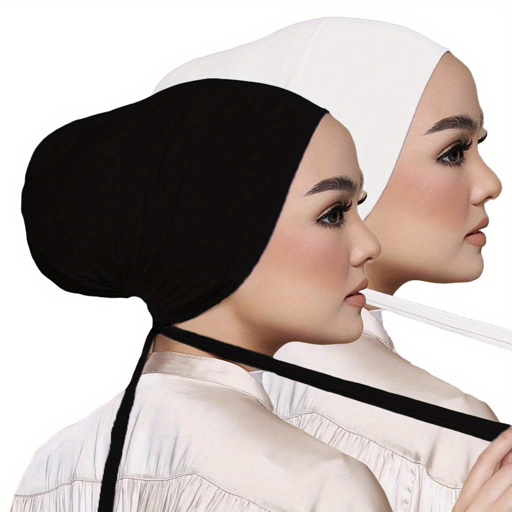 Set of 2 Solid Color Tied Back Undercaps with Elastic Inner Hijab Caps for Women