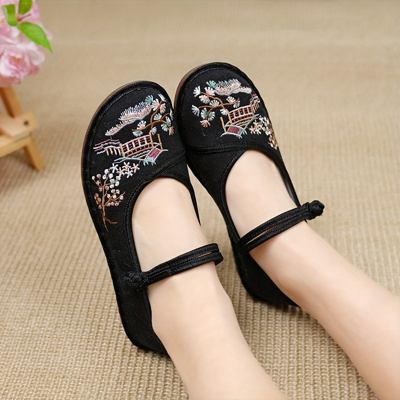 Zapatos de tela planos con bordado para mujer, slip-on, para uso diario