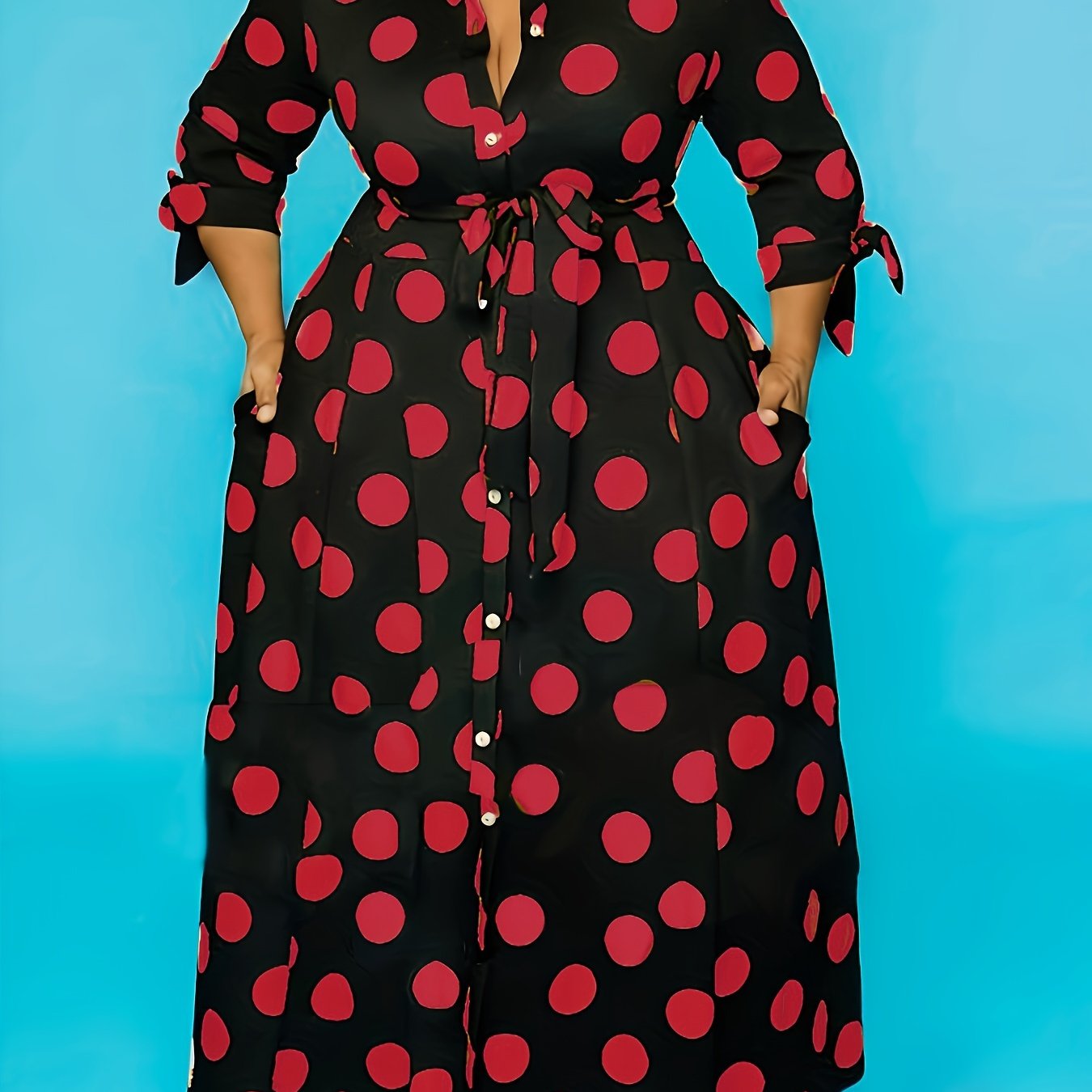 Plus Size Women's Polka Dot Maxi Dress with Collared Button Front and Belt