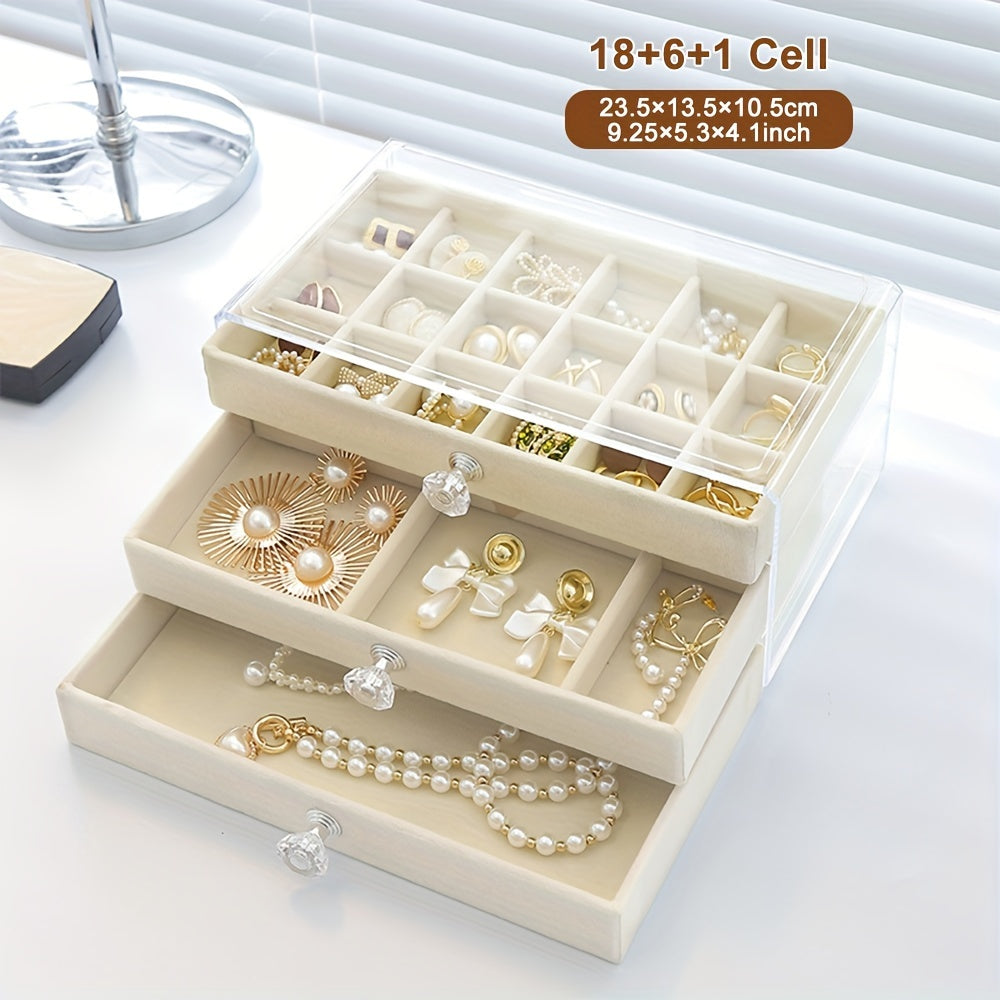 Organizador de joyas de acrílico con cajón de forro suave para collares, pendientes y anillos, azul claro y rosa