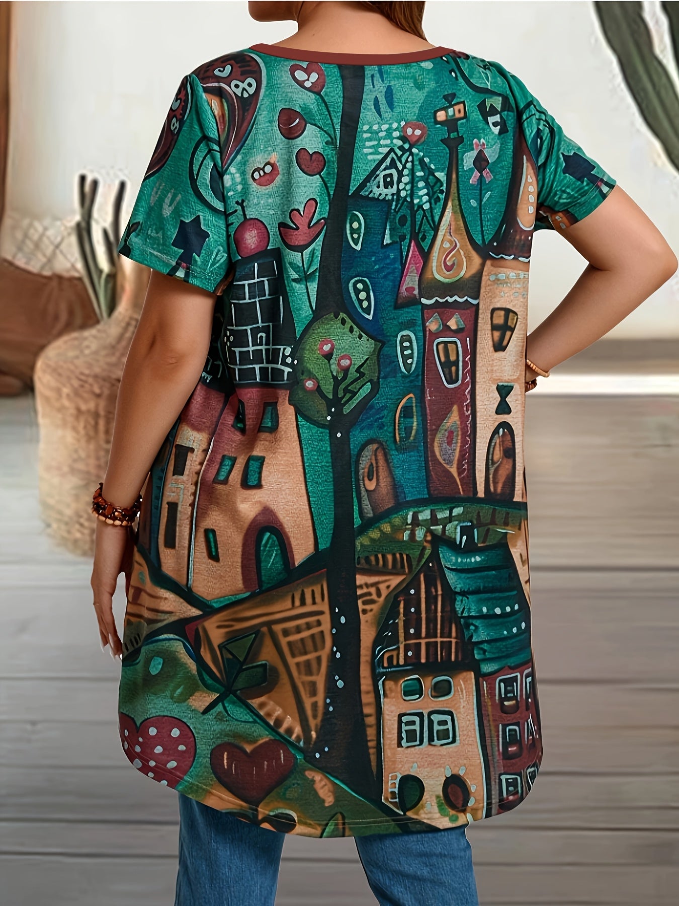 Plus Size Women's Summer Casual T-Shirt Breathable Colorful Pattern Printed Top