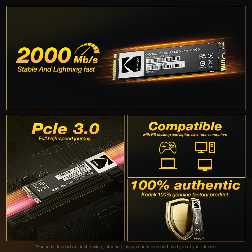 Kodak SSD M2 NVME qattiq holatli disk, 1TB, 512GB va 256GB hajmida mavjud bo'lib, noutbuklar va stol kompyuterlari uchun o'qish tezligi 2000MB/s gacha.