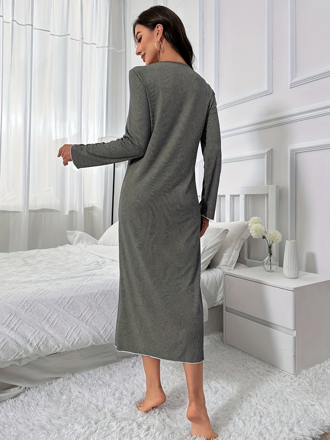 Women's Grey Lace-Trimmed V-Neck Long Sleeve Casual Home Dress