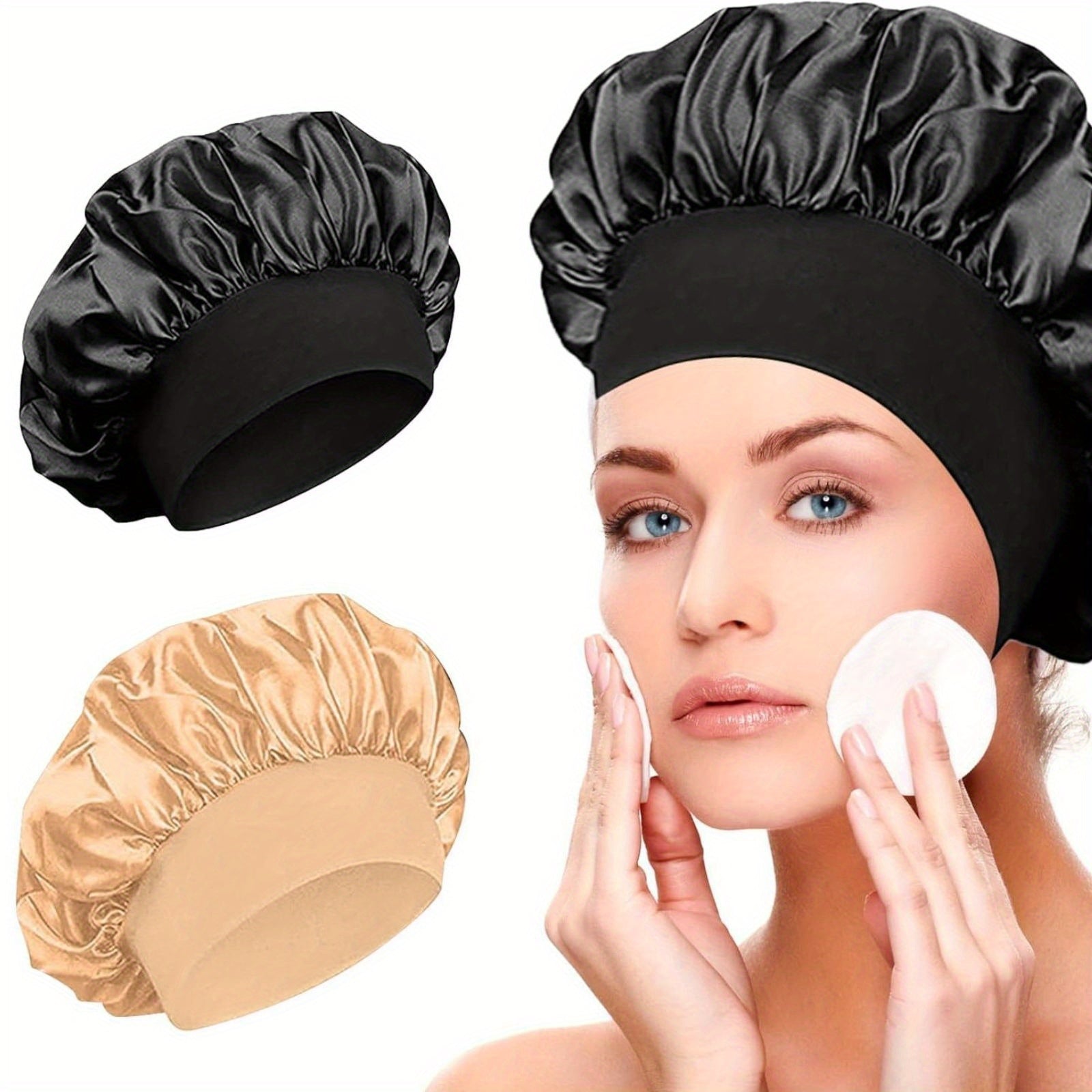 Wide Brim Sleep Cap Adjustable Soft Comfortable Hair Care Accessory Black Beige