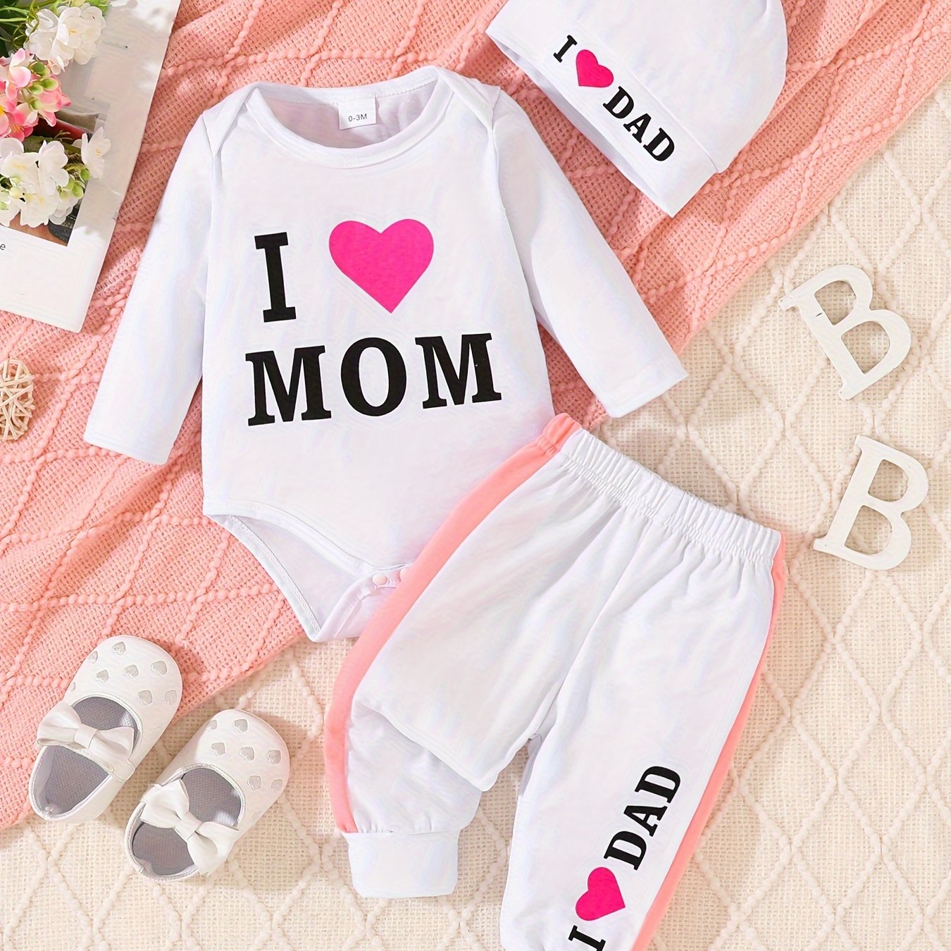 Baby Girl Boy 3-Piece Knit Pant Set with Matching Hat I Love Mom Dad Fall Winter