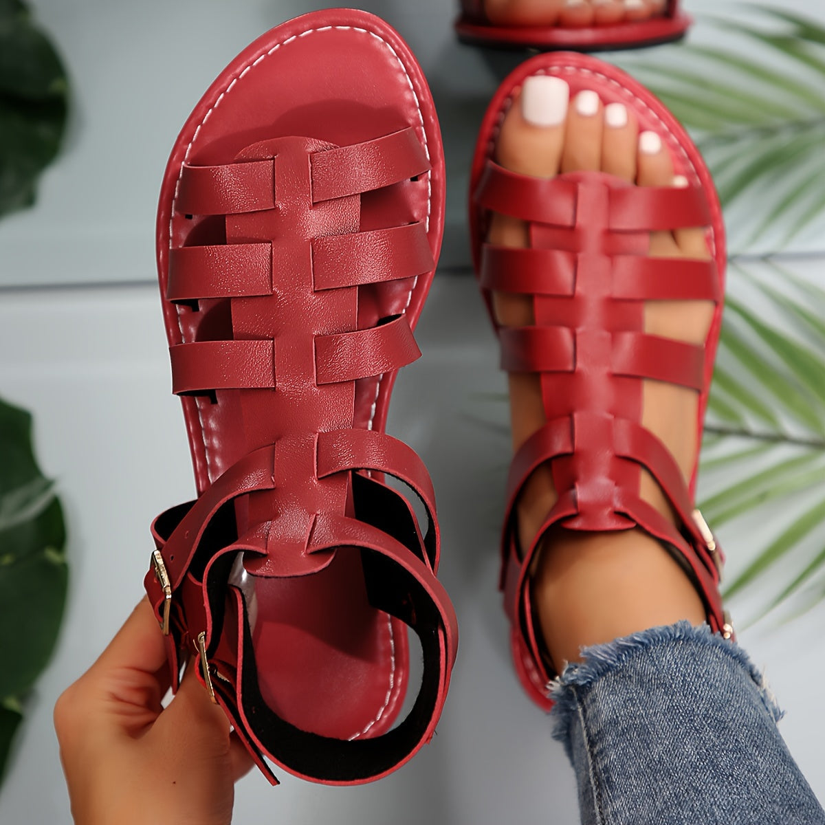 Women's Solid Color Flat Sandals Open Toe Summer Shoes Lightweight Buckle Strap