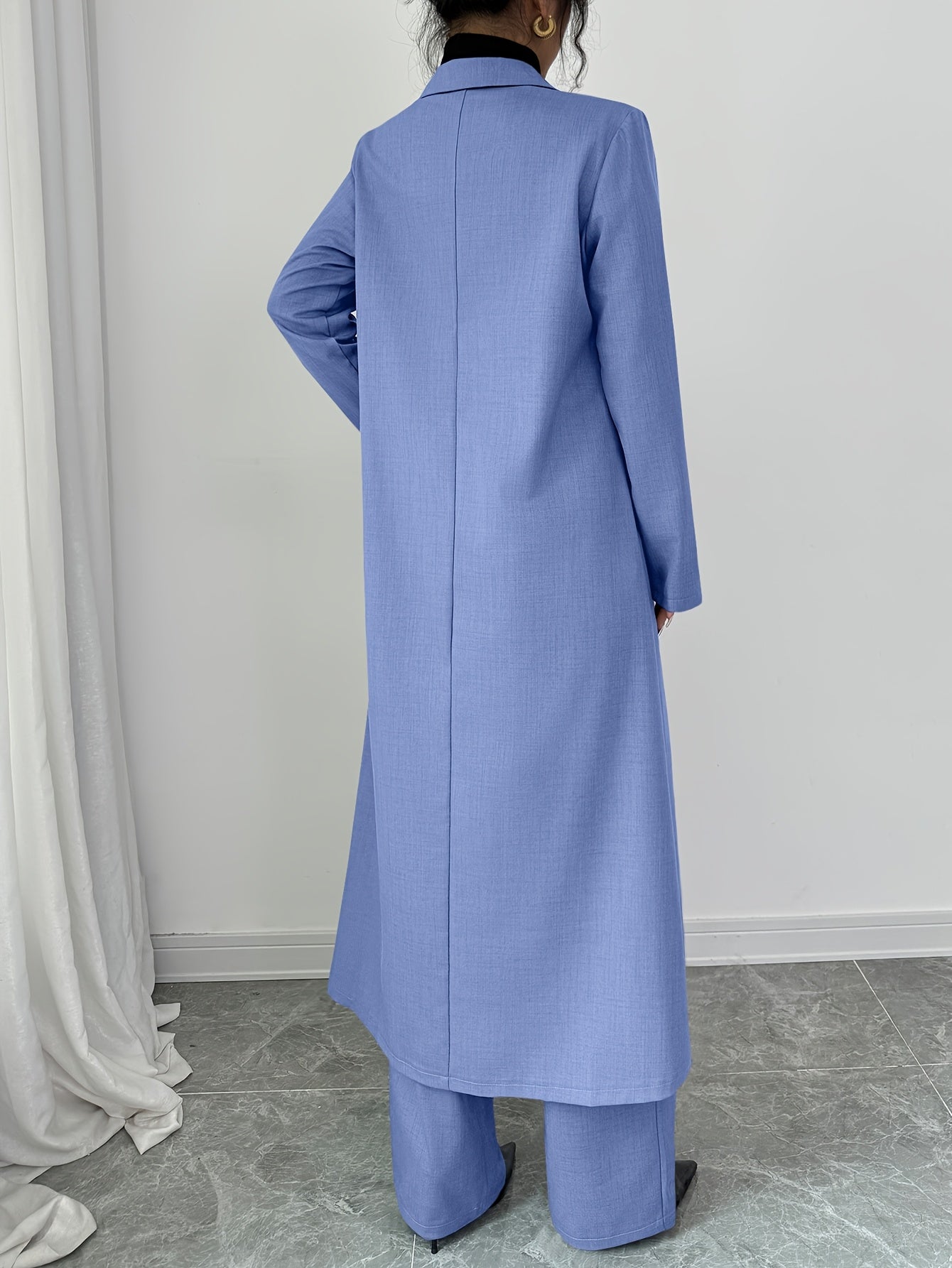 Women's Polyester Suit Set with Long Blazer and Straight-Leg Pants for Spring and Autumn