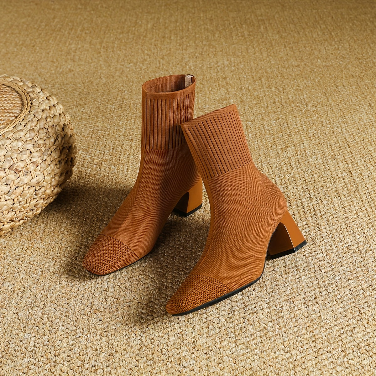 Women's Fabric Square Toe Ankle Boots Casual Slip-On High Heel Mid-Calf Shoes