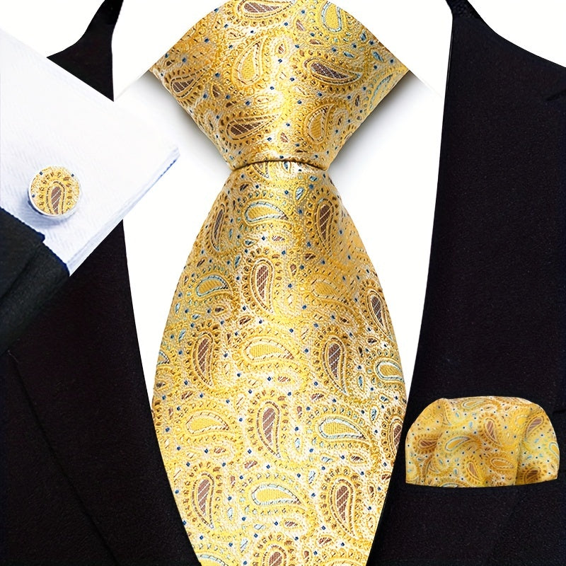 Men's Gold Paisley Three-Piece Suit Set with Tie and Pocket Square