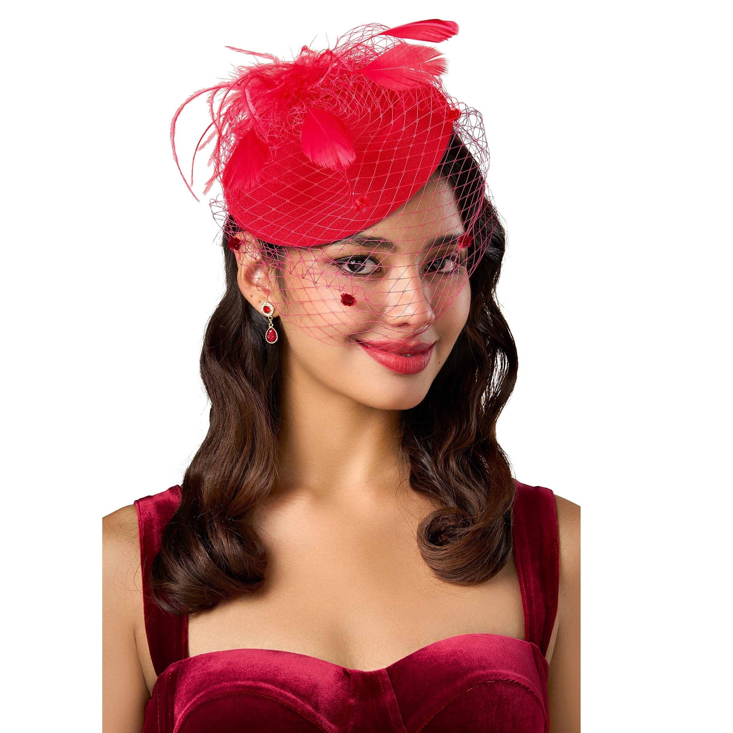 Faux Feather Fascinator Hat with Veil and Hair Clip for Weddings and Tea Parties