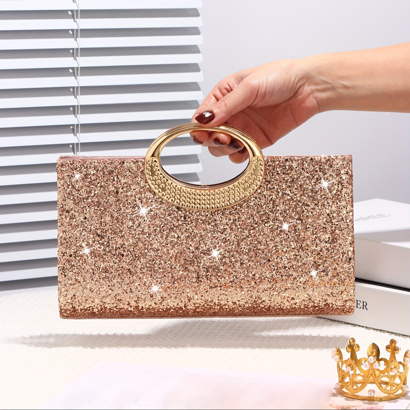 Sequin Evening Handbag Clutch with Golden Accents for Weddings Parties Dances