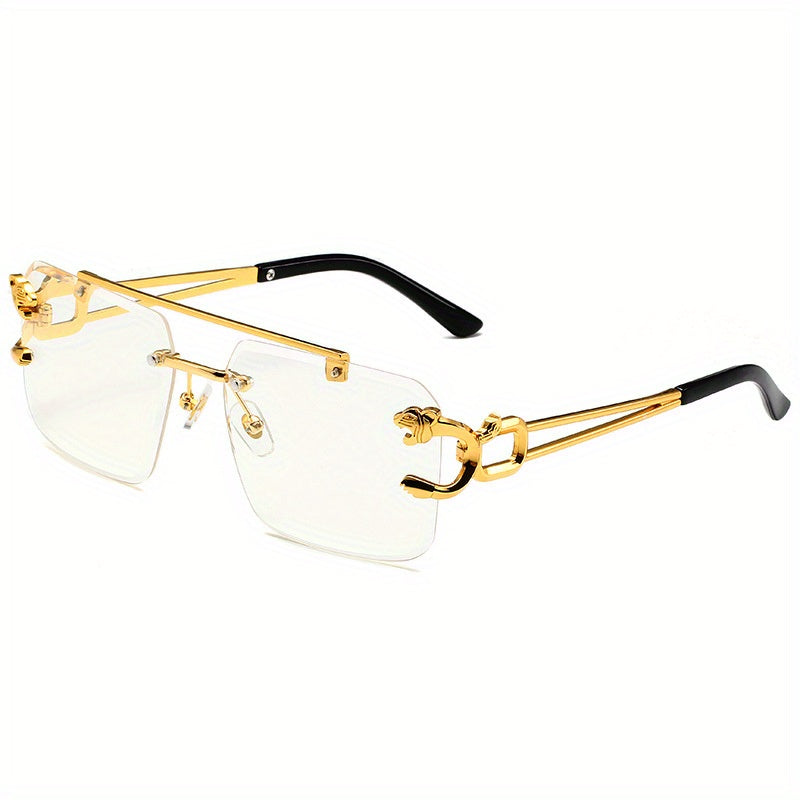 Unisex Rimless Double Bridge Square Metal Glasses with Gold Leopard Temples