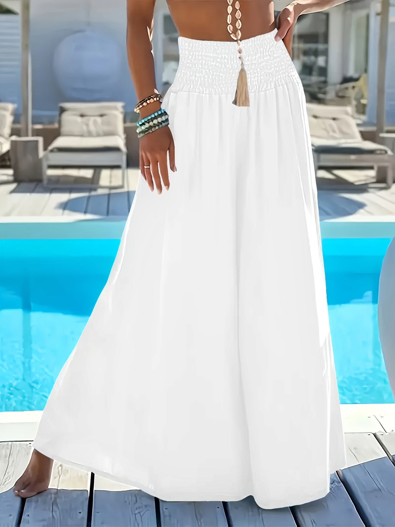 Pantalones de mujer de talla grande de pierna ancha, sin elasticidad, de color sólido, de cintura alta