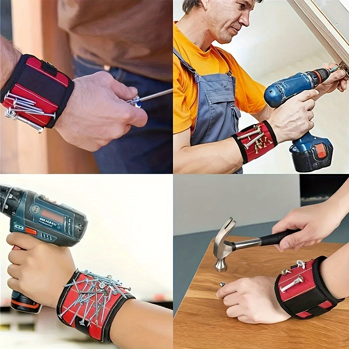 Magnetic Wristband for Screws Nails and Drills Red Fabric Tool Holder