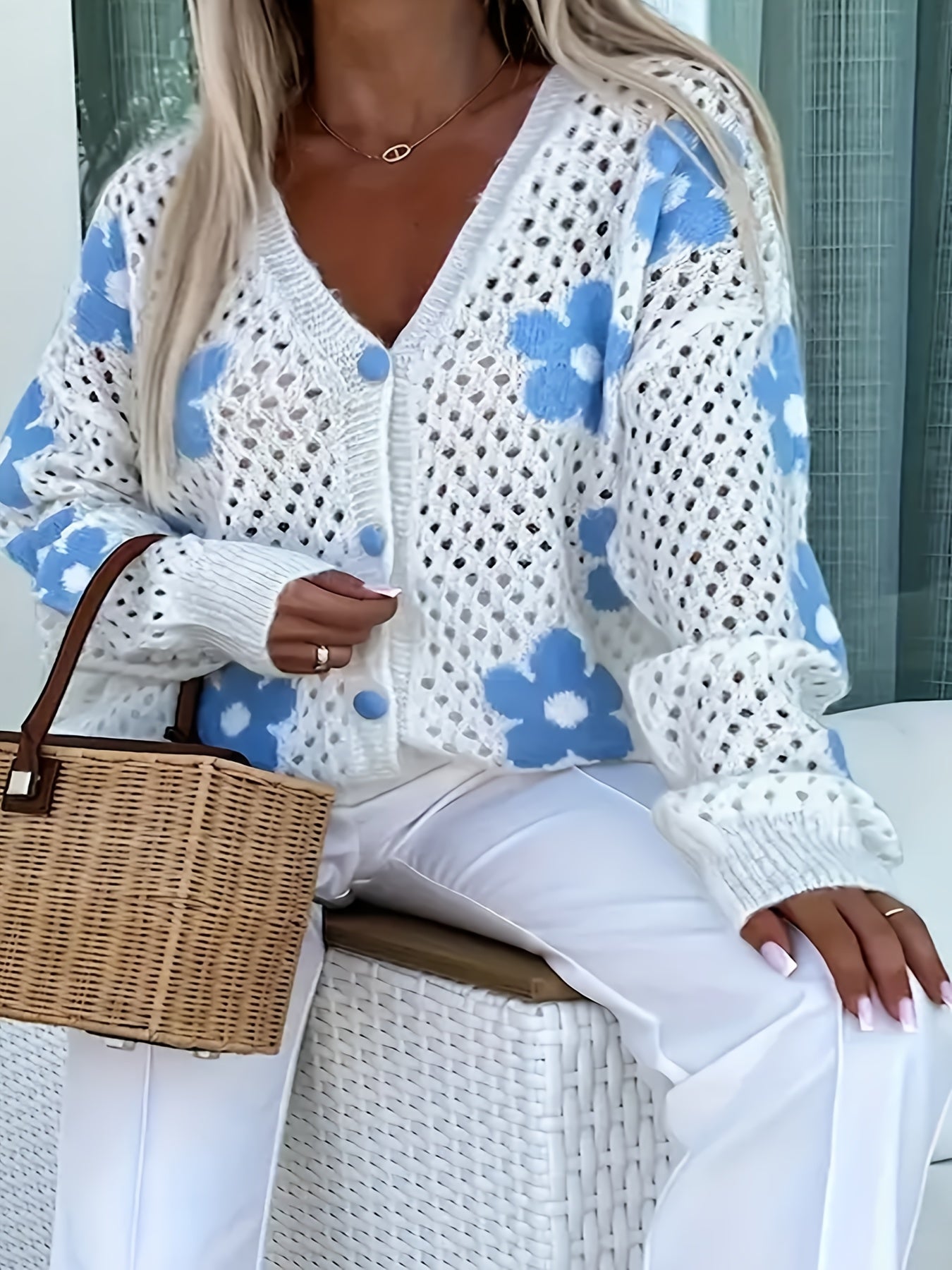Plus Size Women's Crochet Cardigan Floral Pattern Long Sleeve Open Front Blue White Fall Winter