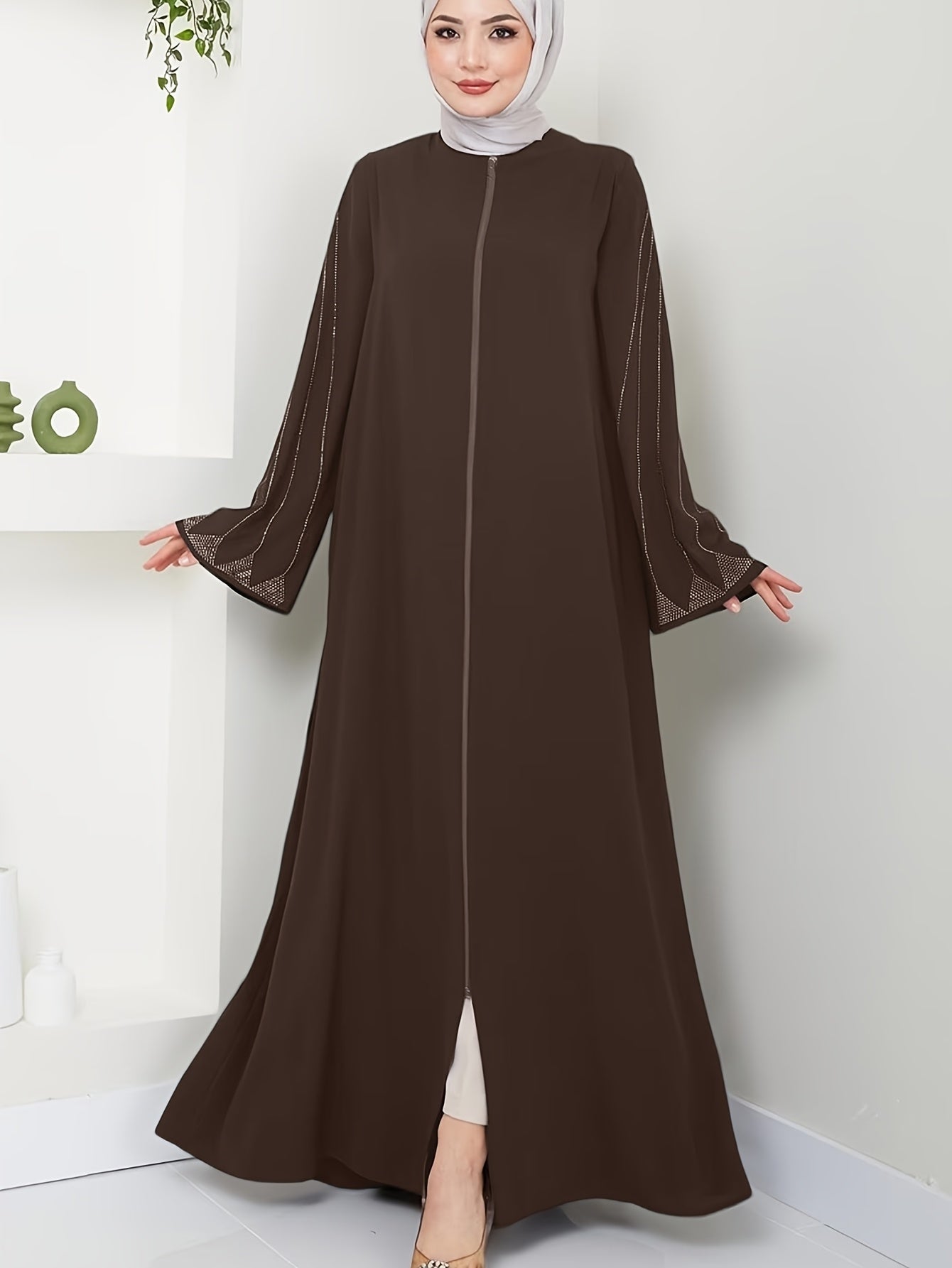 Brown Rhinestone Embellished Abaya for Muslim Women Long Sleeve Polyester Dress