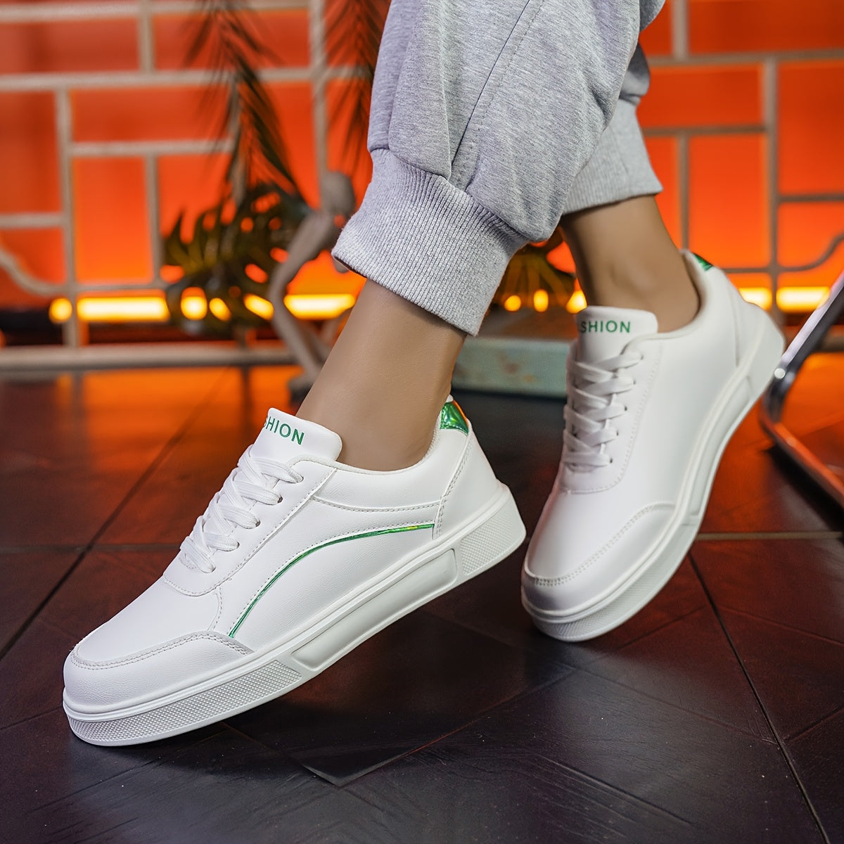 Women's White Sneakers with Gold Accents Low-Top Comfortable Casual Walking Shoes