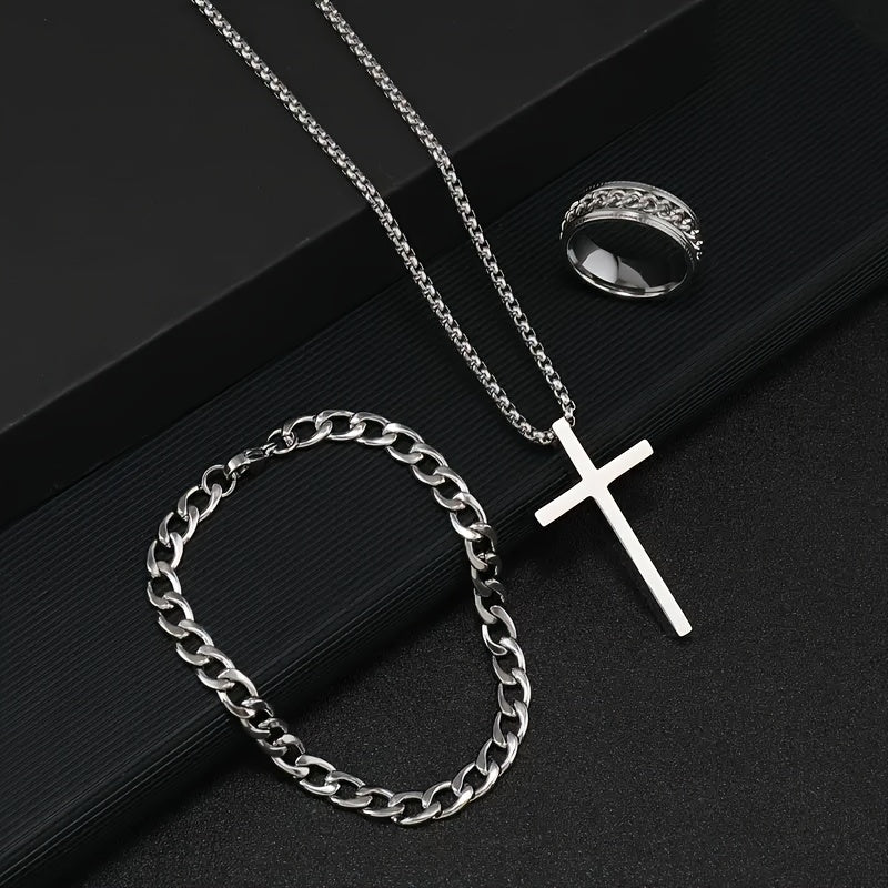 Set of 3 Stylish Cross Chain Necklaces with Rotating Stainless Steel Jewelry