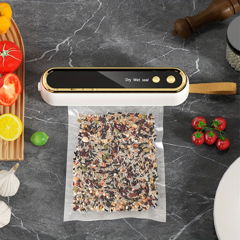 Oziq-ovqatni saqlash uchun kompakt simsiz vakuum yopishtiruvchi; qayta tiklanadigan USB/akku bilan ishlaydigan.