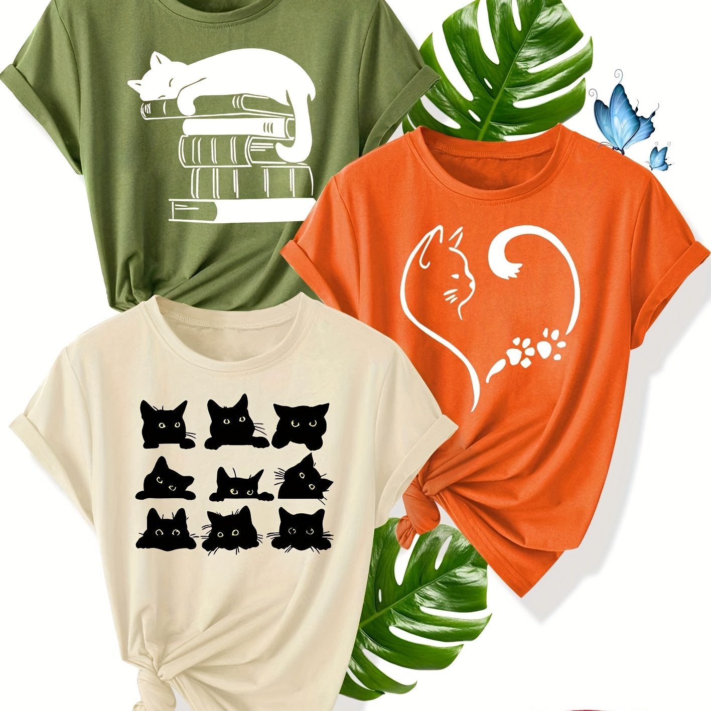 Camisetas de mujer con estampado de gato, poliéster, manga corta, cuello redondo, pack de 3